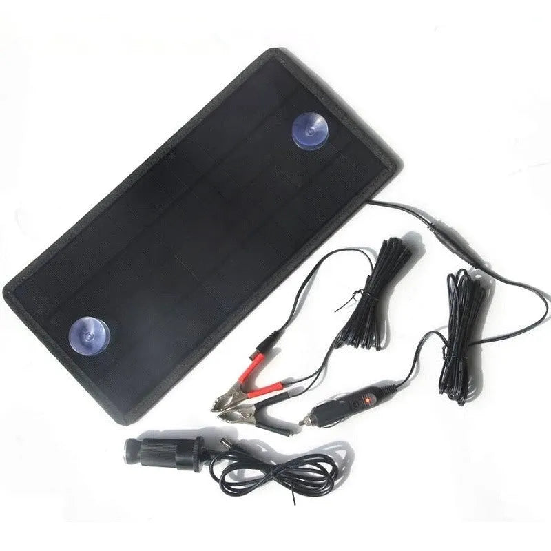 5W portable solar car battery trickle charger with monocrystalline panel and two elastic straps for sun visor, 320x120mm
