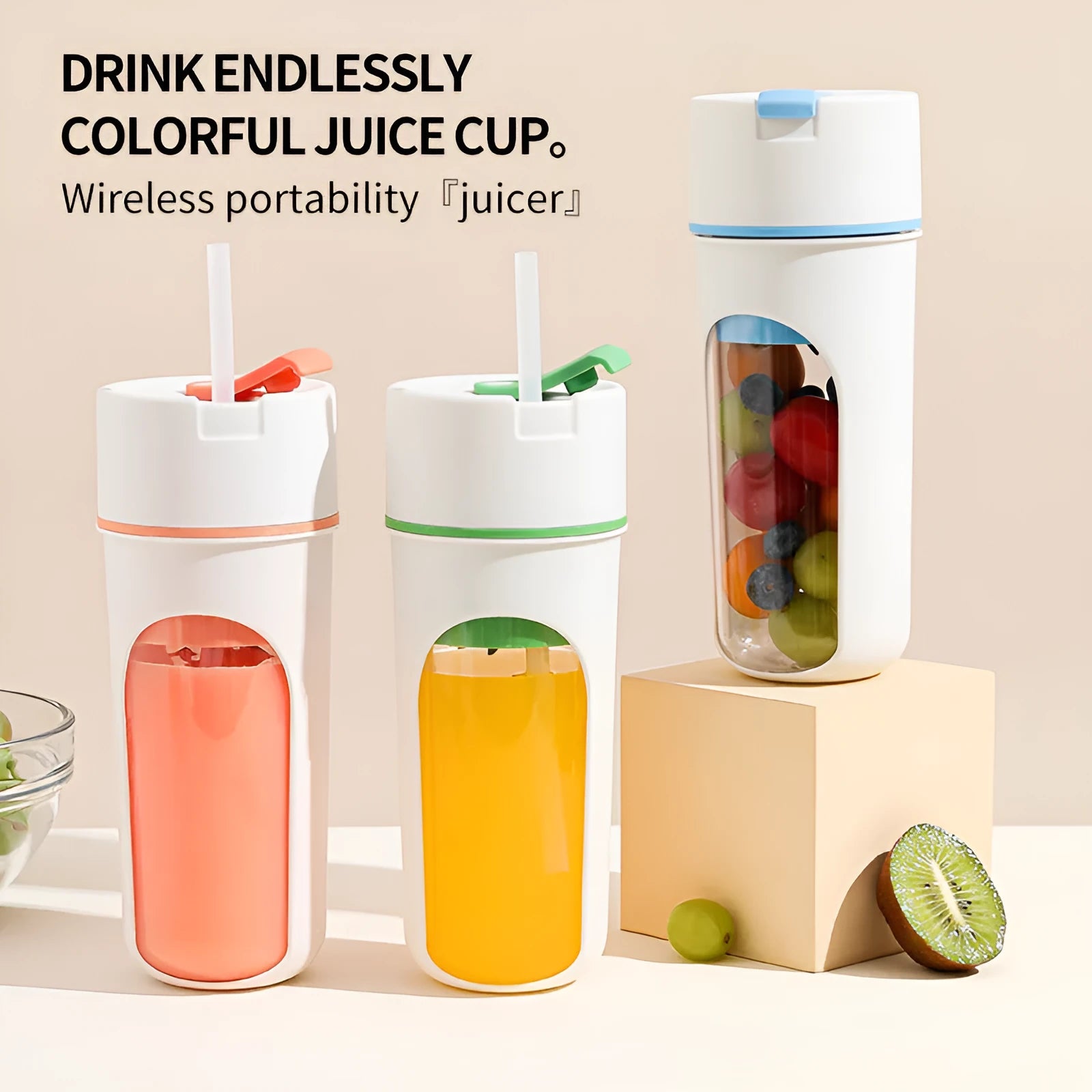 Blue portable USB electric blender juicer with 400ml plastic cup on a table.