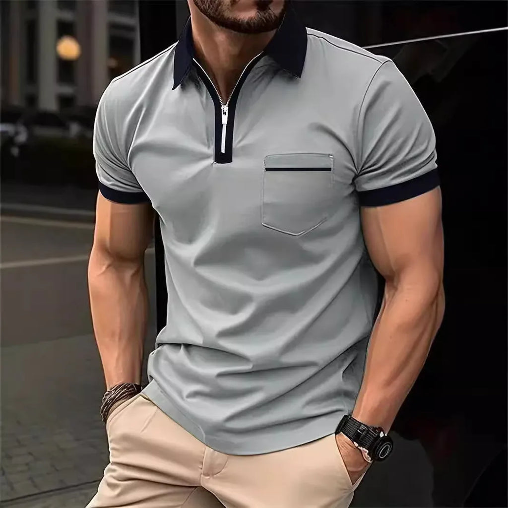 Men's loose fit short sleeve casual shirt with chest pocket and zipper detail in a two-tone colour.