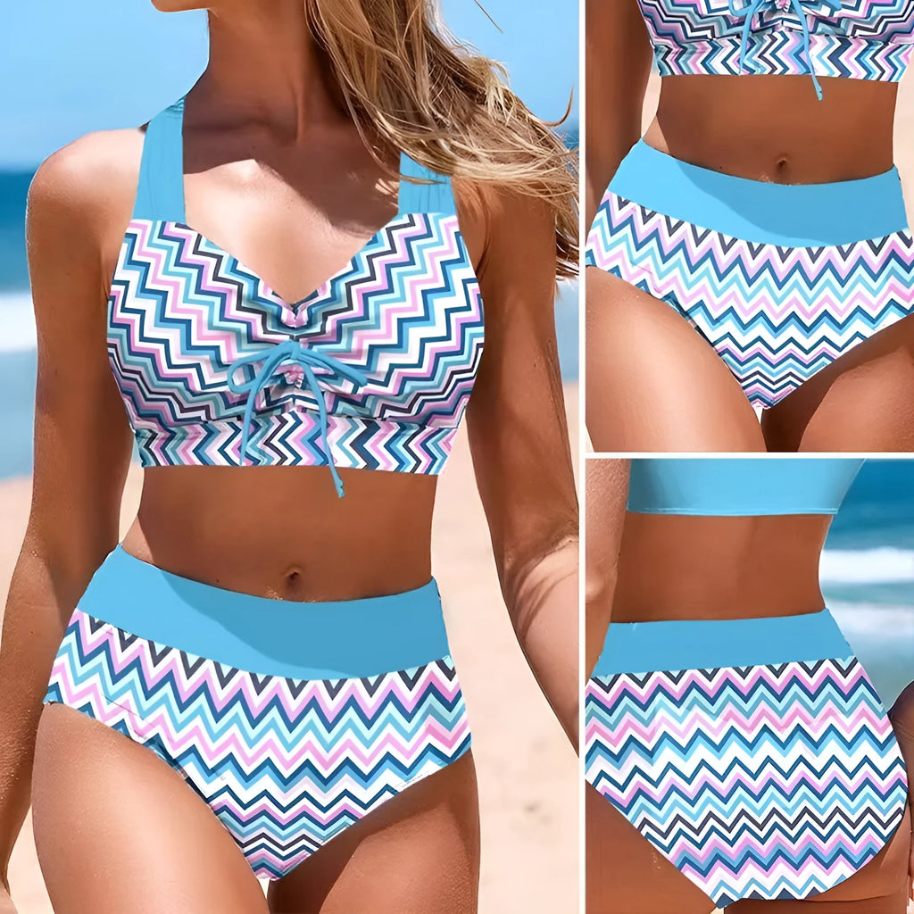 Women's blue cross sling split swimsuit bikini set on mannequin