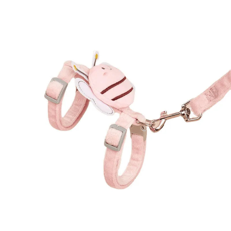 Adjustable bee shaped polyester cat leash in pink, blue, or yellow with strap and hand rope.
