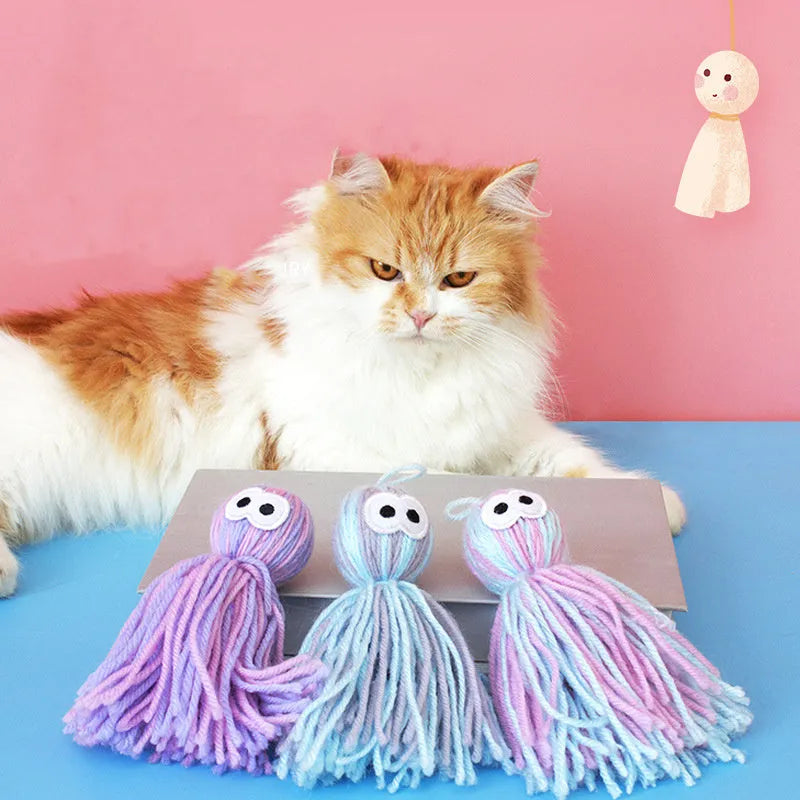 Hanging wool cat ball toy with teaser stick in blue grey, pink and blue, or pink purple colour options