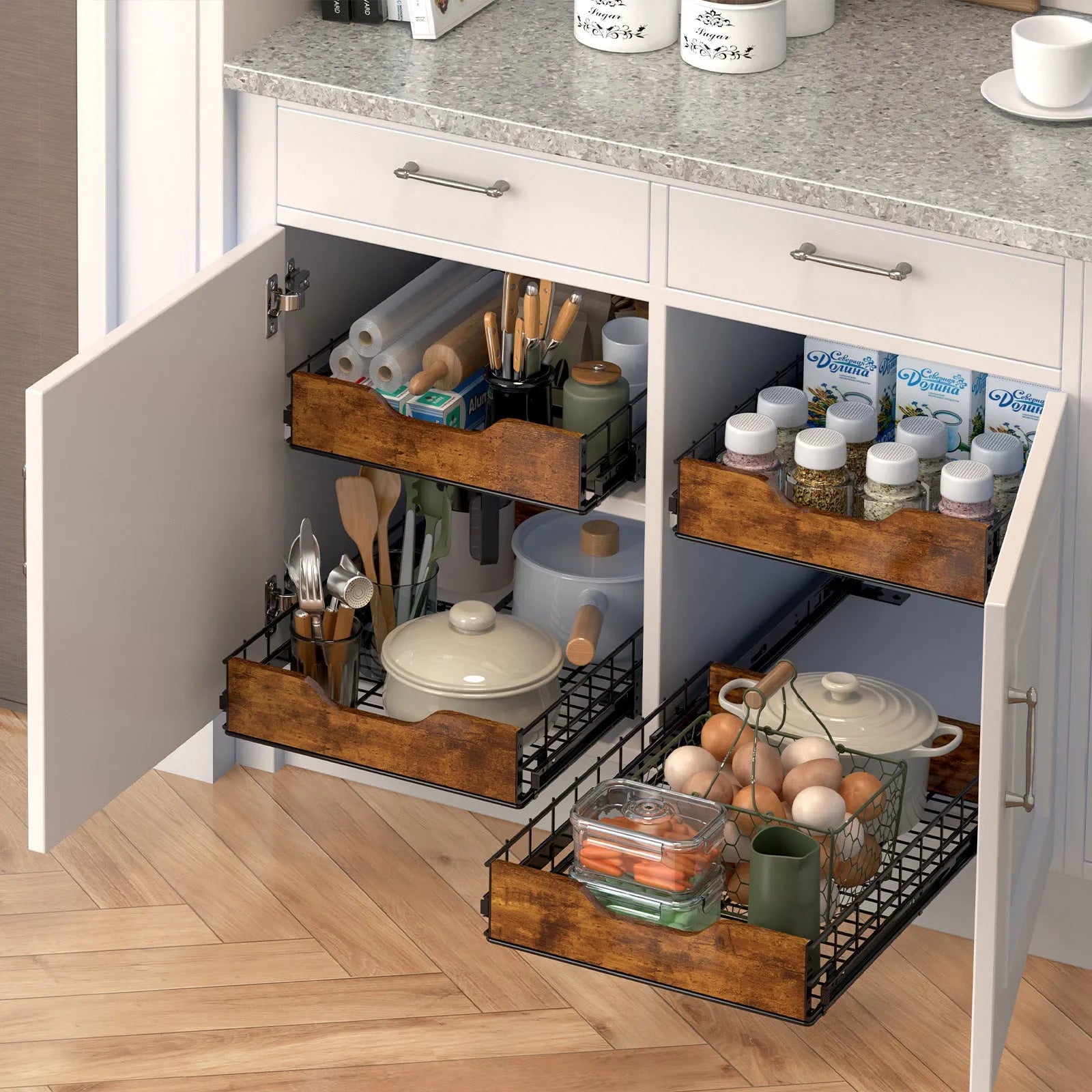 Black wood and iron storage rack with a pull-out basket drawer for kitchen organisation.