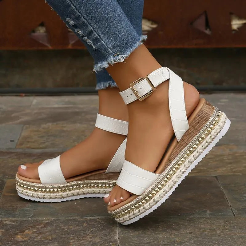 Women's plus size platform sandals with rope bottom, fish mouth toe, buckle fastening, in white, black, or apricot.