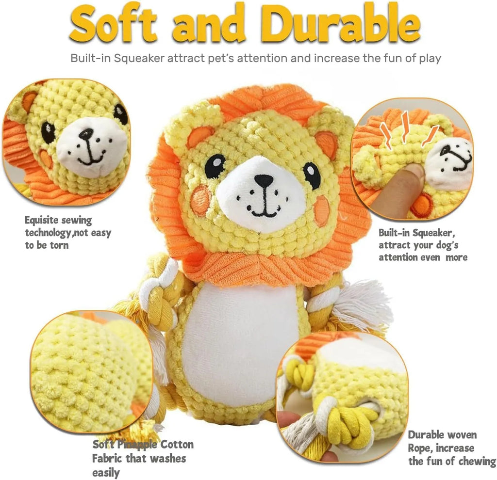 Lion and monkey plush squeaky dog toys bundle for medium to large breeds