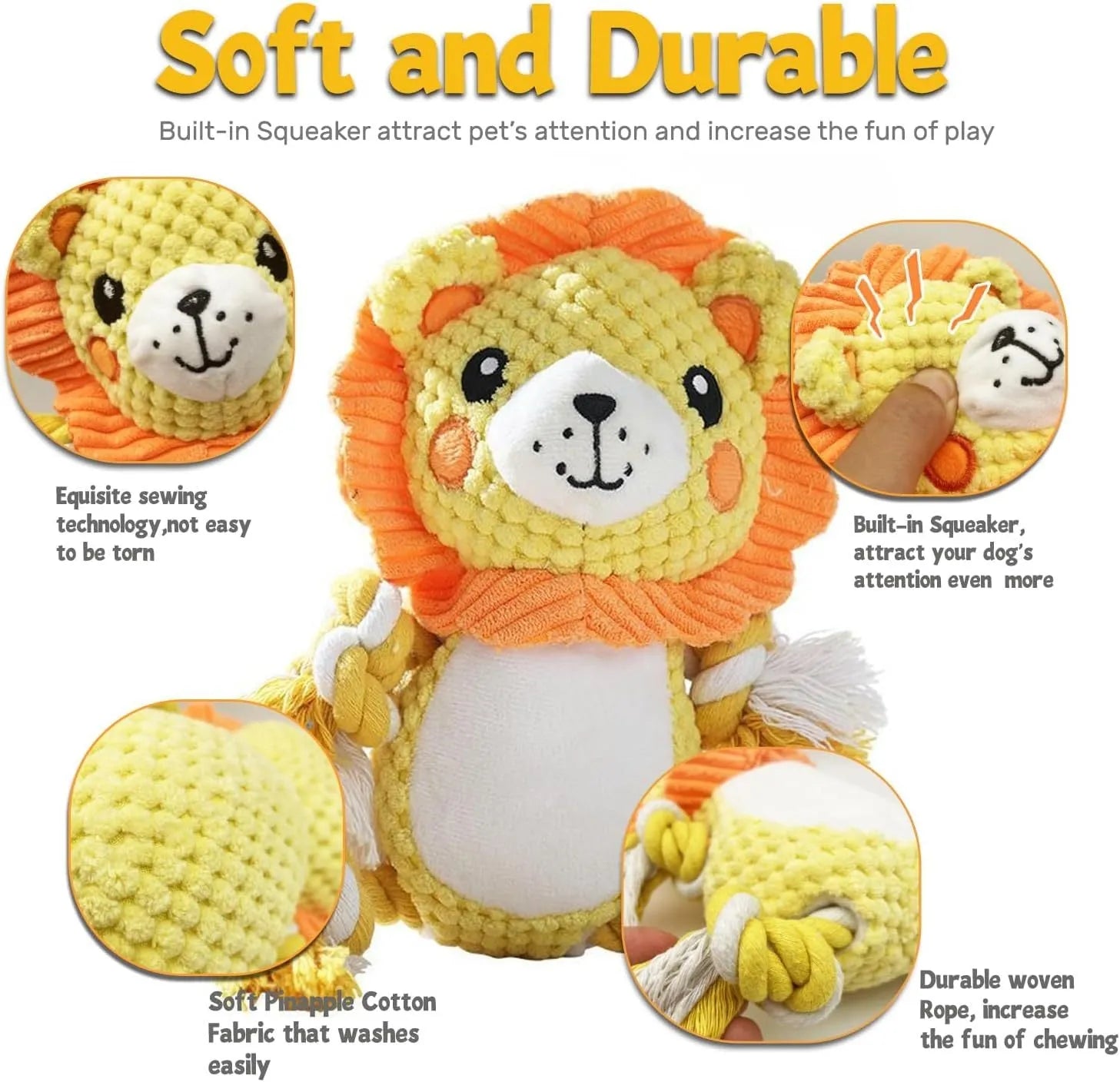 Lion and monkey plush squeaky dog toys bundle for medium to large breeds