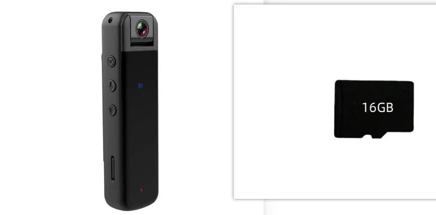 Black plastic HD clip-on magnetic recorder with video and photo functions, shown with optional 16GB memory card.