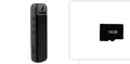 Black plastic HD clip-on magnetic recorder with video and photo functions, shown with optional 16GB memory card.