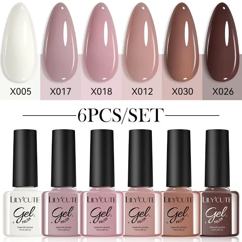 Set of twenty bottles of UV gel nail polish in solid and glitter colours for nail art.