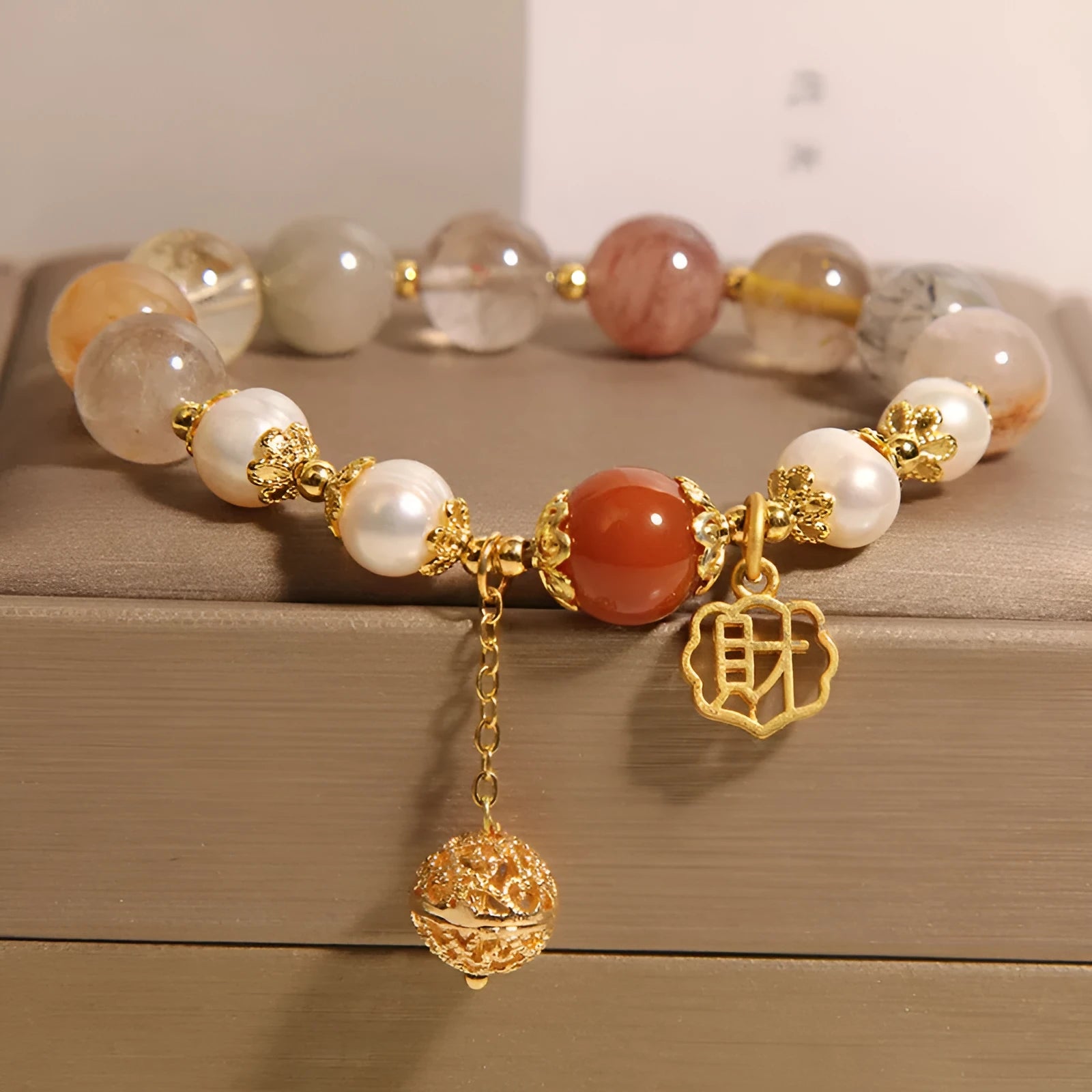 Natural colour hair crystal pearl bracelet for women with Japanese Korean style and Cai character design