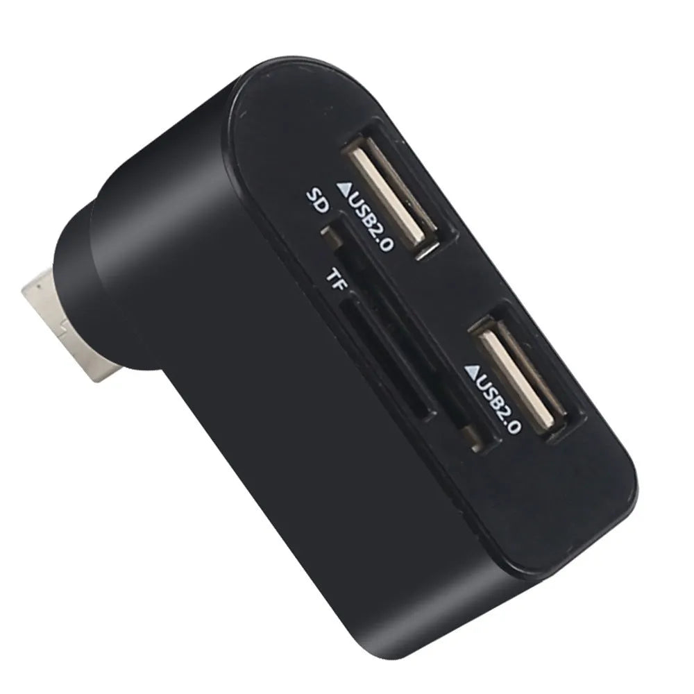 Rotating USB 2.0 hub with three ports and multi-format card reader in black ABS plastic