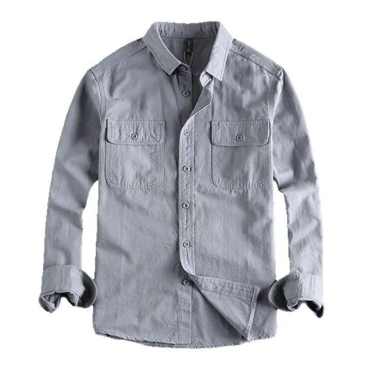 Men's loose fit long sleeve cardigan shirt in polyester available in light gray, black, khaki, and green.