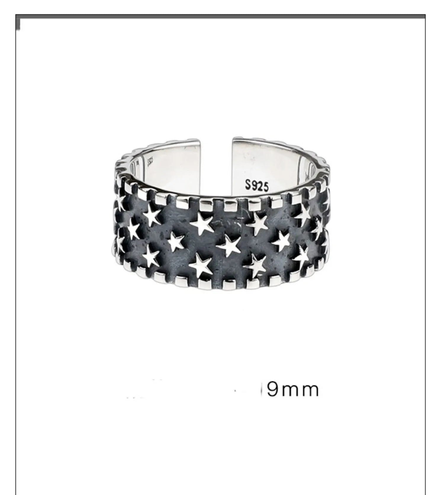 Adjustable silver ring with geometric five-pointed star pattern