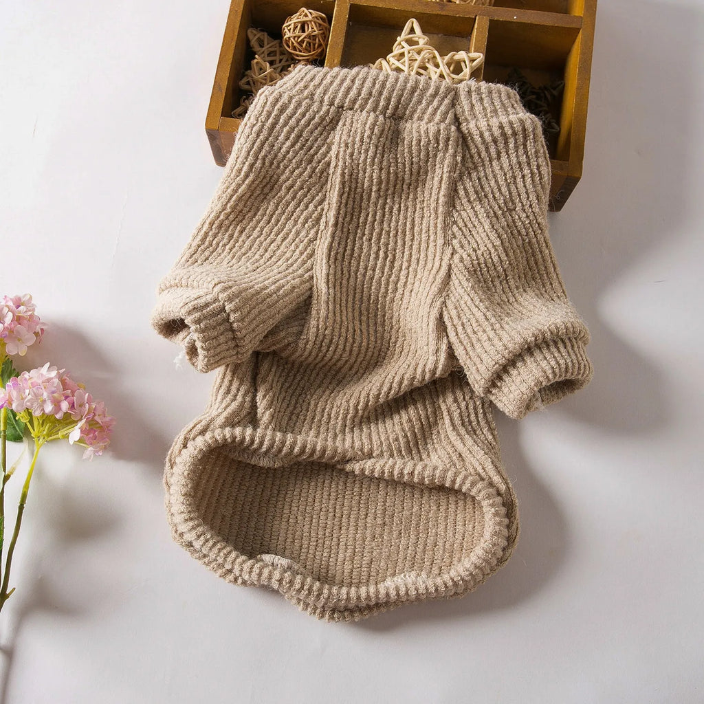 Brown cloth pullover sweater on a small dog, showing casual design and comfortable fit.