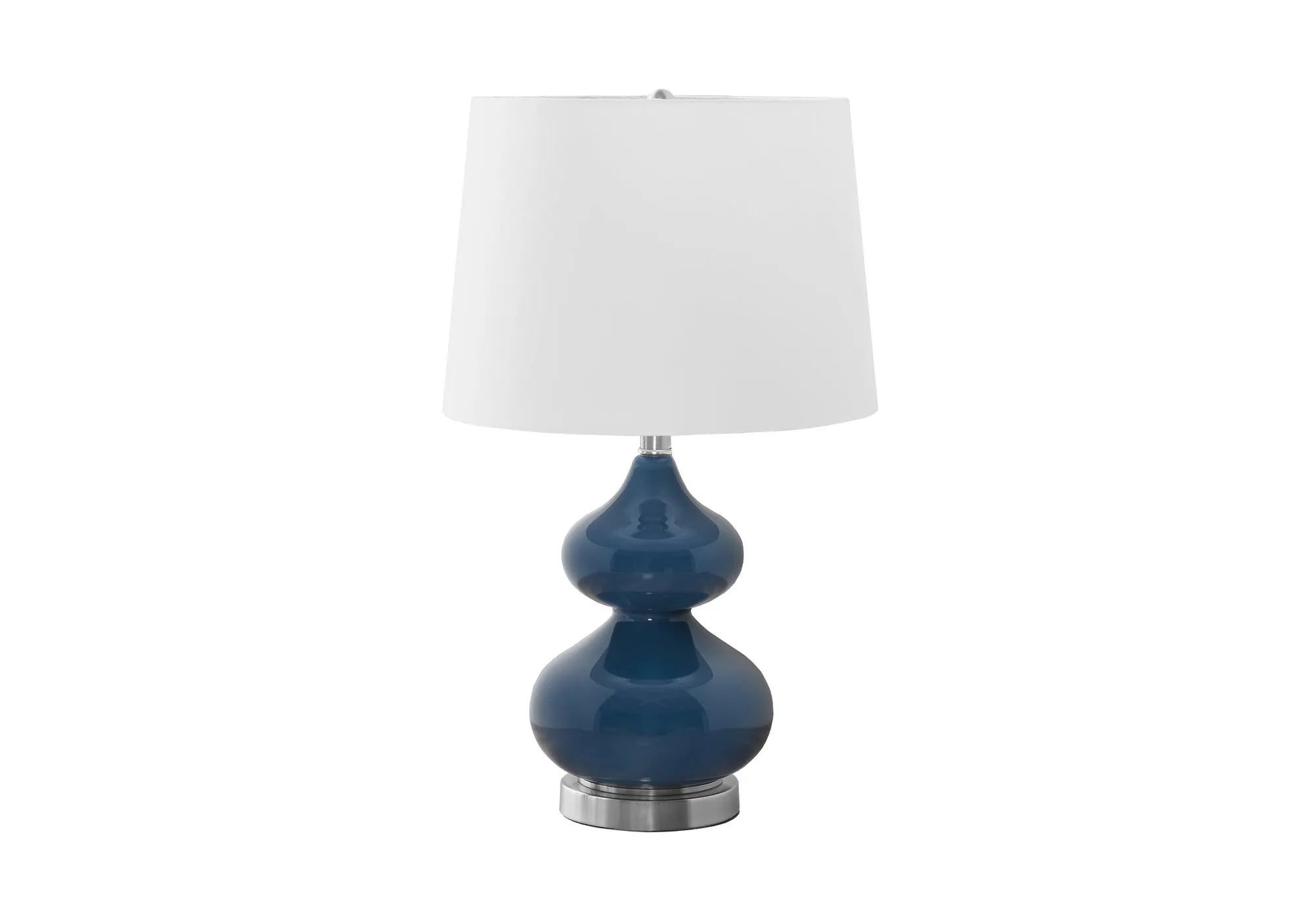 Blue crystal glass desk lamp with white fabric shade for a child's bedroom.