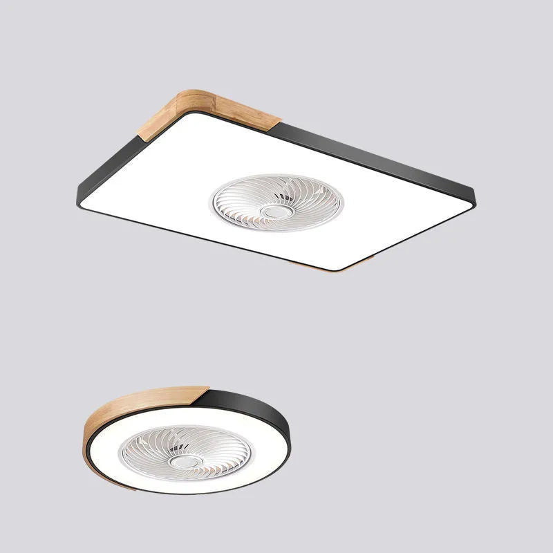 Nordic ceiling fan with integrated light fixture in solid wood, showing rectangular, round, and square shape options.