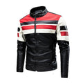 Men's retro PU leather motorcycle jacket with stand collar and zipper pockets, in brick red, brown, or ivory white
