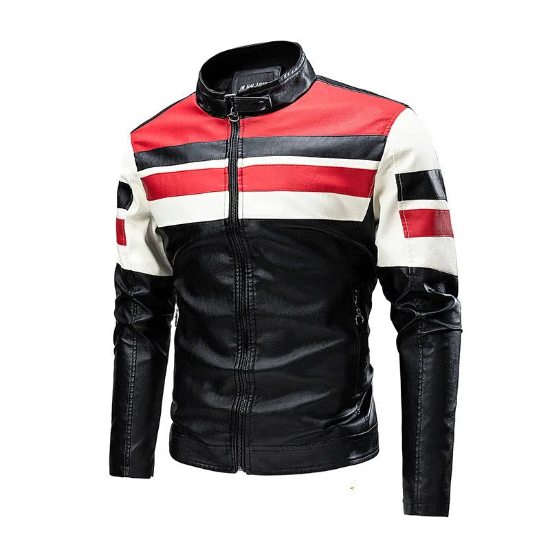 Men's retro PU leather motorcycle jacket with stand collar and zipper pockets, in brick red, brown, or ivory white