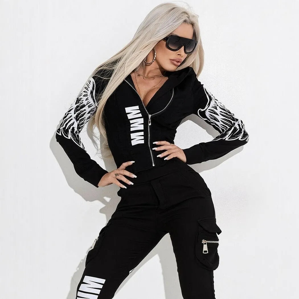 Black women's hoodie and trouser set with wings printing on the fabric.