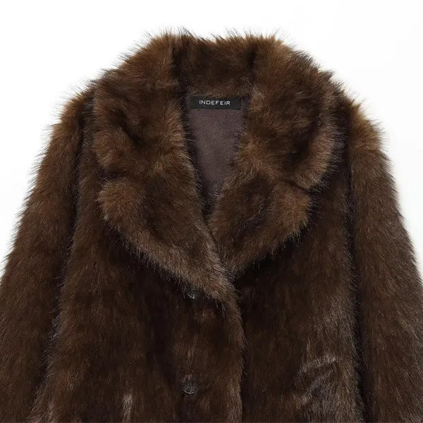 Women's double-sided brown artificial fur effect jacket with faux fur collar long sleeve