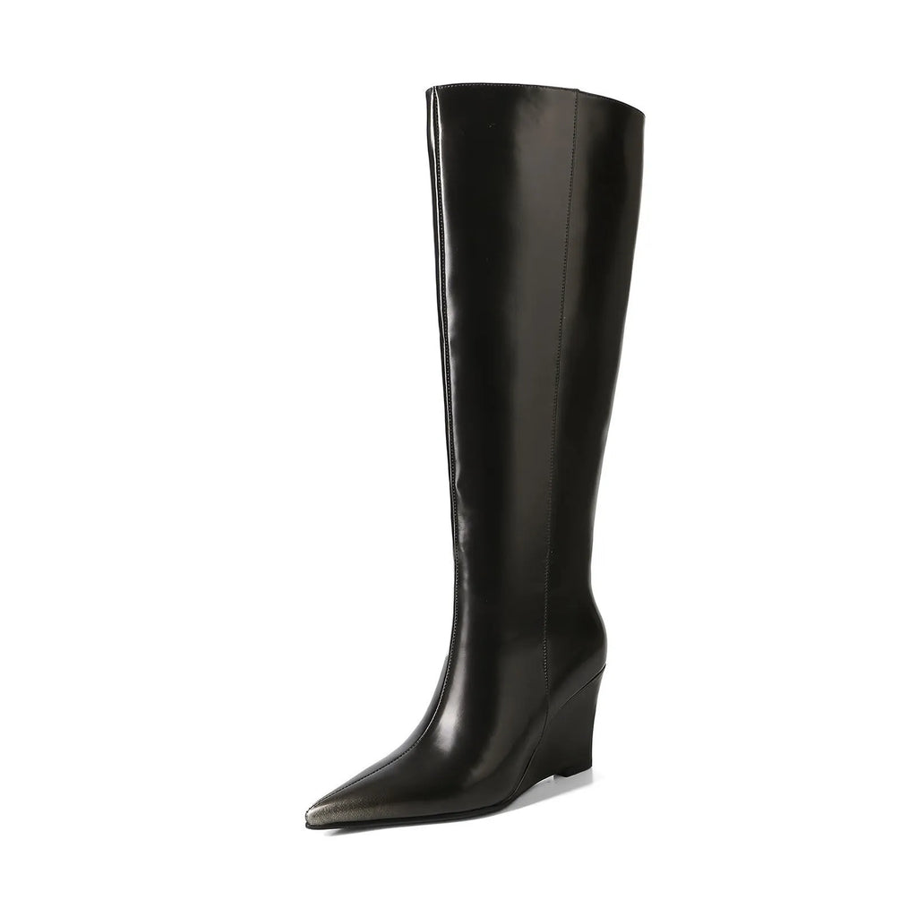 Women's pointed cowhide wedge boots in brown with 6-8cm heel and oversleeve high cylinder design
