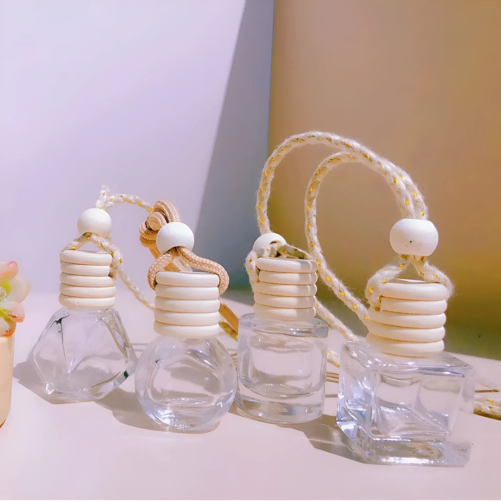 Car perfume pendant fragrance with glass bottle in cylinder, diamond, flat drum and square options