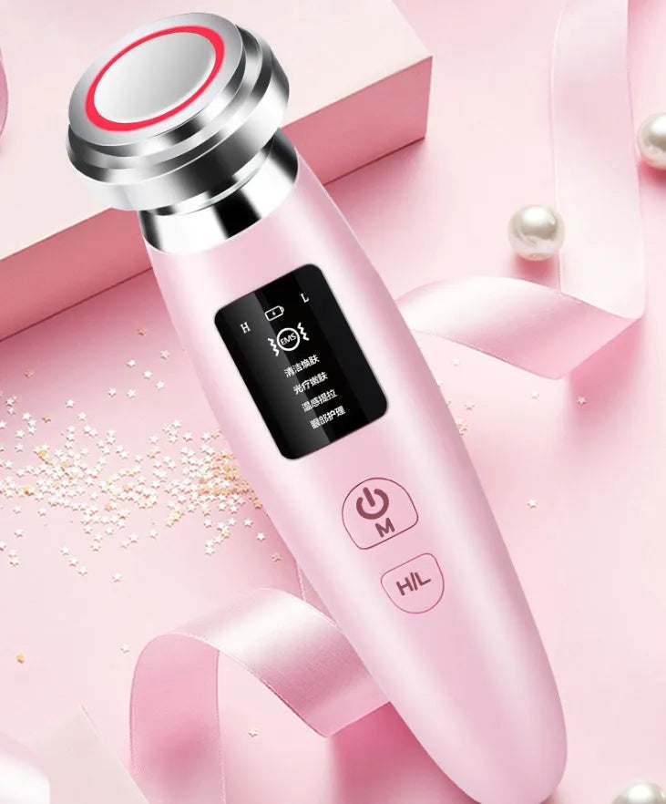 Pink cleansing and rejuvenating beauty instrument showing 185mm length with sonic vibration technology