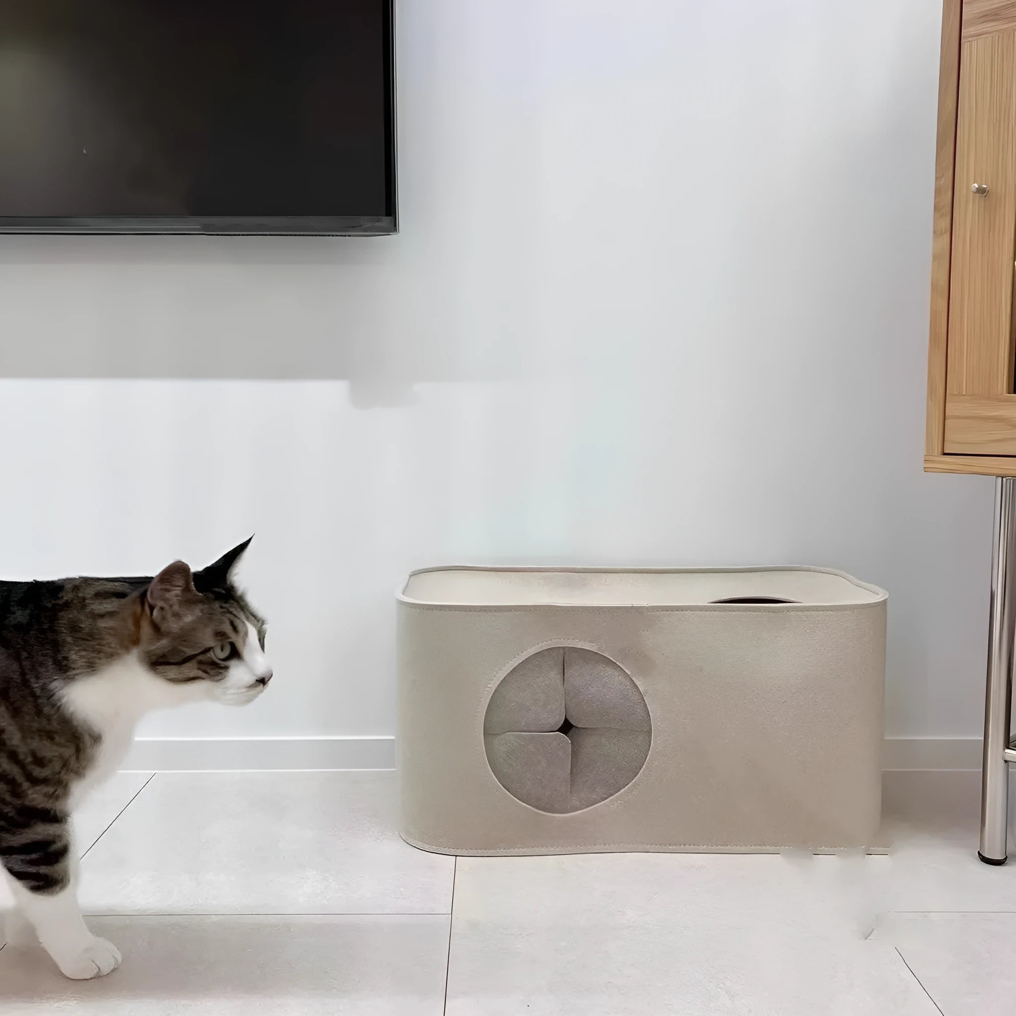 A foldable felt cat nest pet bed shown in khaki colour, with dimensions for scale.
