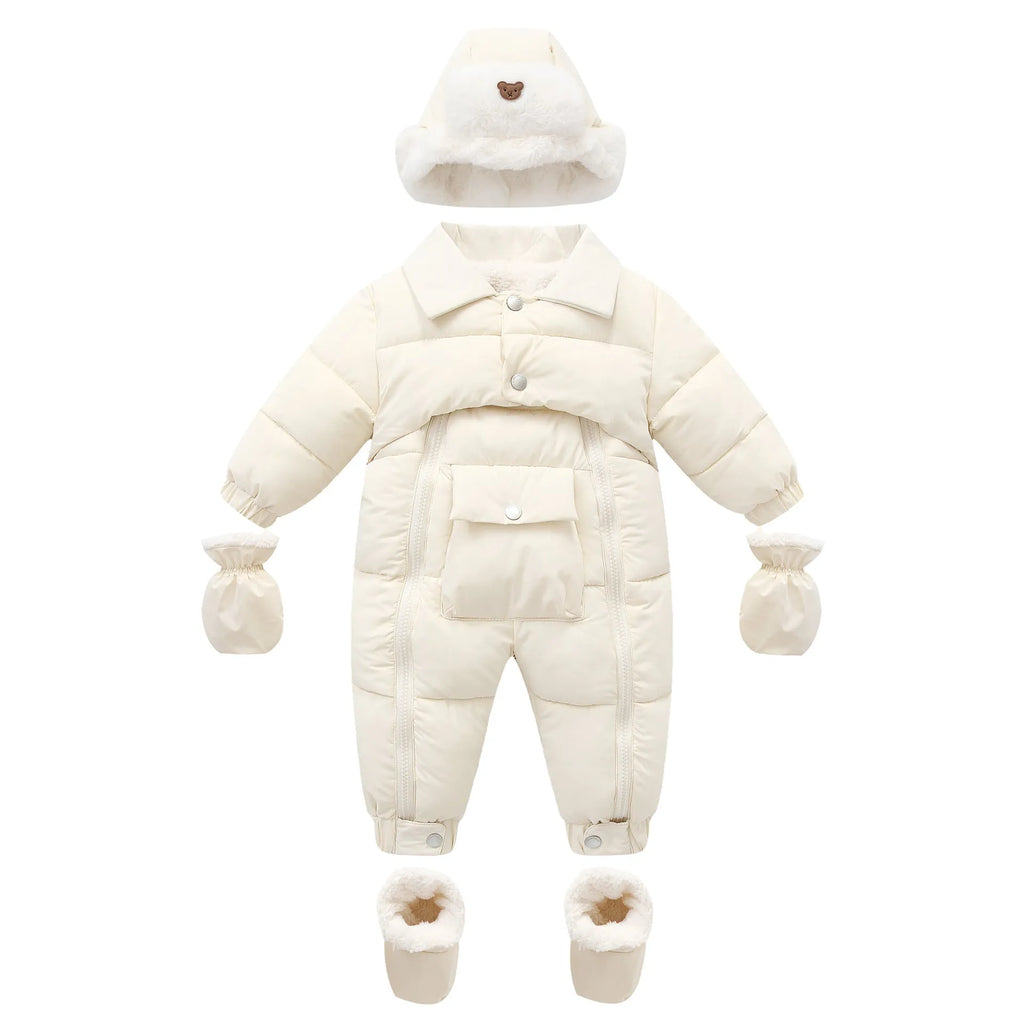 Baby cotton-padded thicken crawler suit with detachable hood and full zipper in white