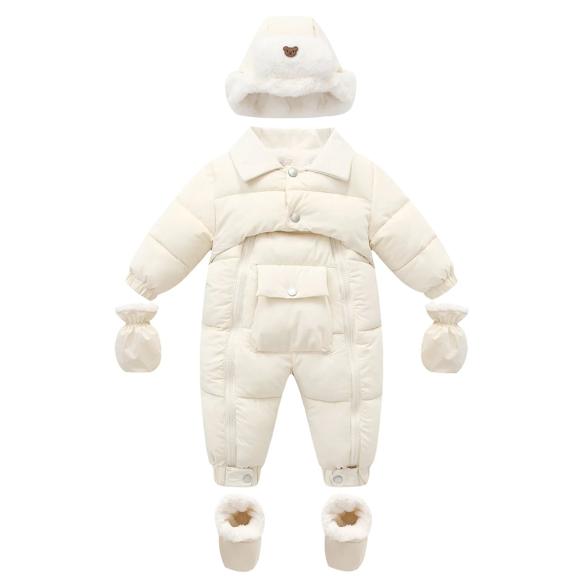 Baby cotton-padded thicken crawler suit with detachable hood and full zipper in white