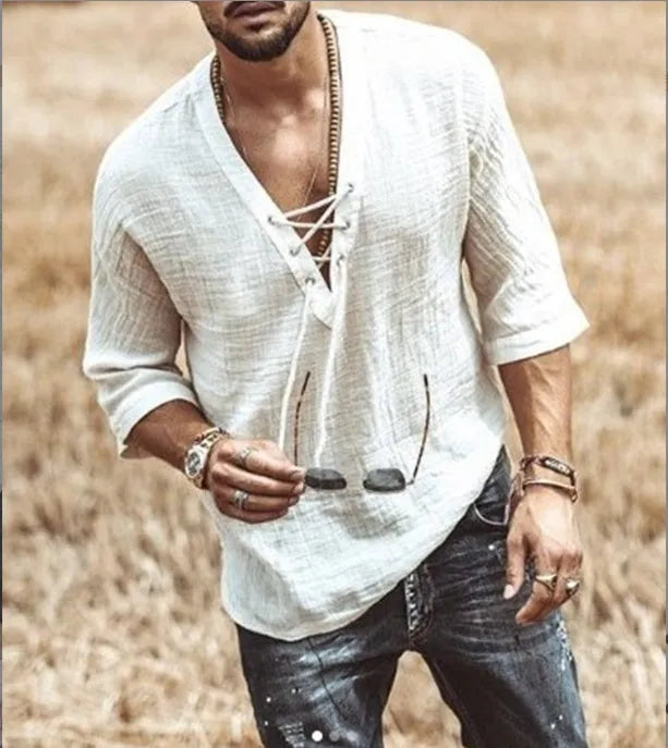 Short-sleeved button-up shirt for men in apricot cotton blend laid flat