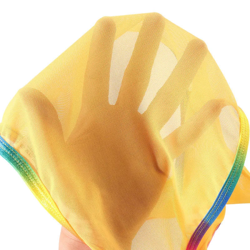 Women's transparent mesh briefs in multiple colours showing knitted nylon fabric construction