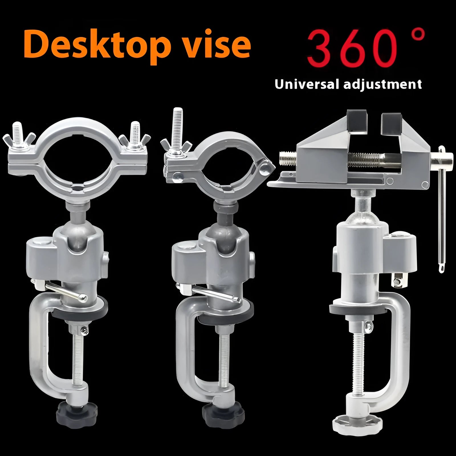 360 rotating bracket type bench vise with tungsten steel construction showing single and double hole mounting options