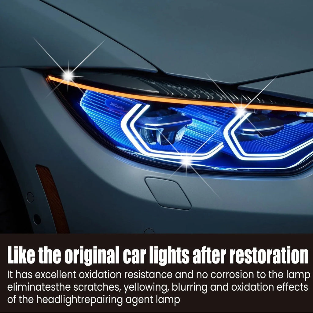 150ml bottle of car headlight repair liquid with applicator brush on a yellowed car lamp.