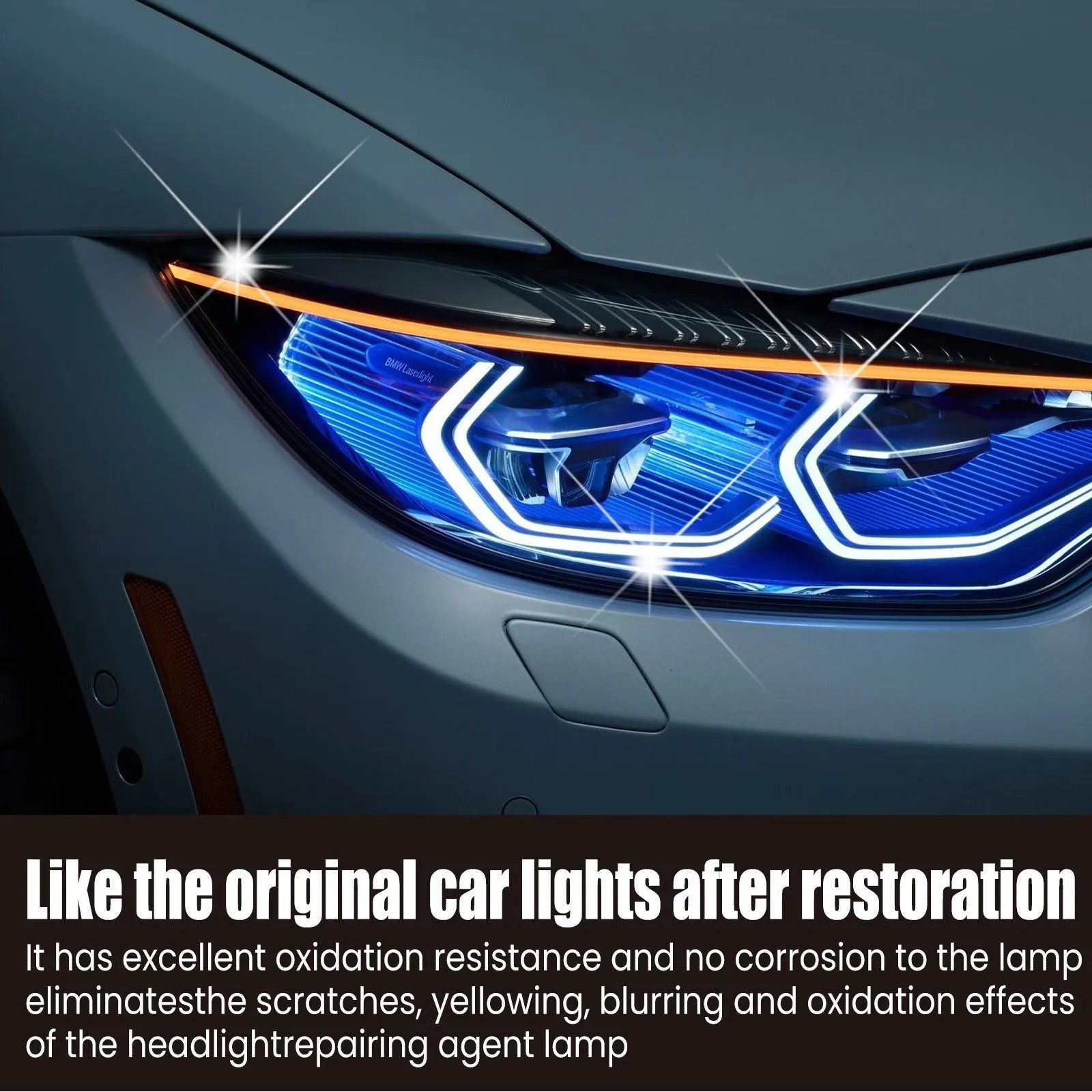150ml bottle of car headlight repair liquid with applicator brush on a yellowed car lamp.