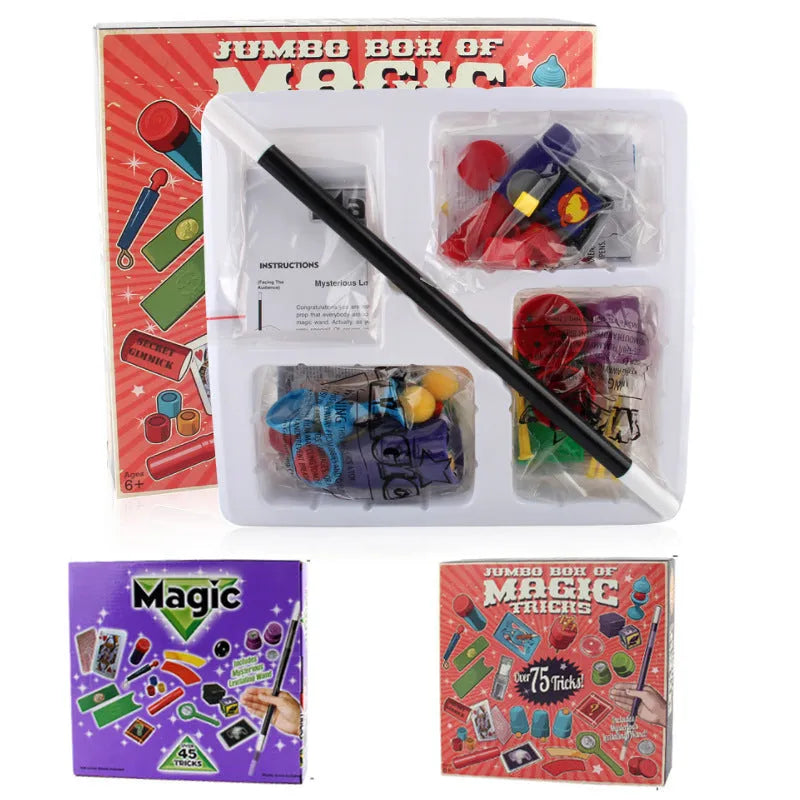 Purple and red plastic magic prop toy set for children in a carton box.
