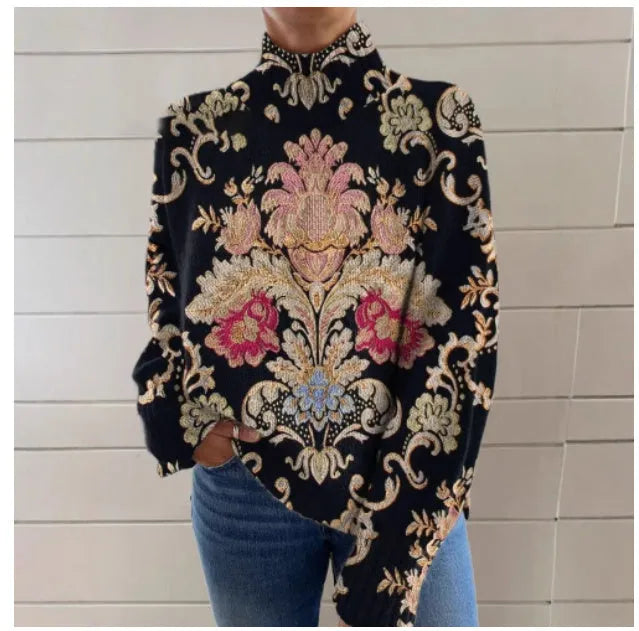 Black turtleneck long sleeve sweater with 3D printed pattern, loose Japanese Korean casual style