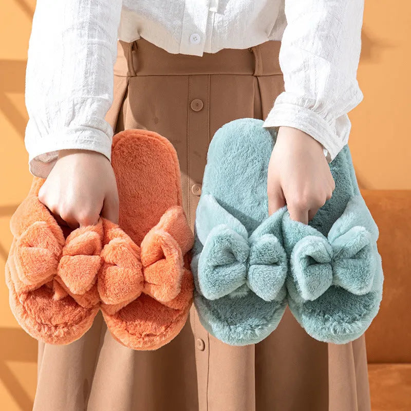 Bowknot plush slippers for women, grey colour, open toe with TPR sole and bow detail on upper