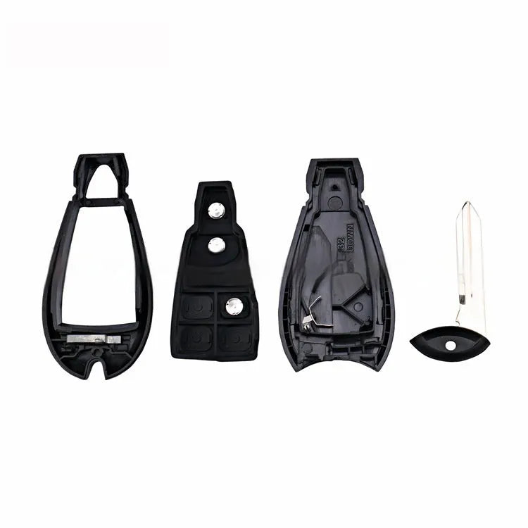Replacement plastic key case shell for Dodge and Chrysler vehicle smart keys.
