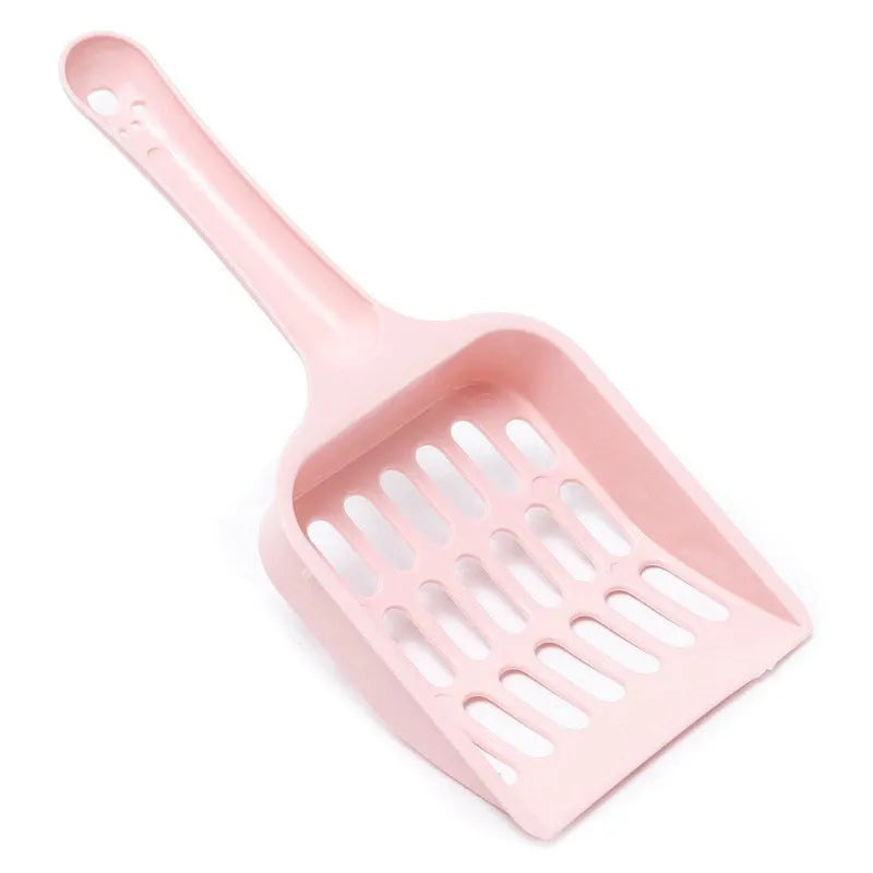 Plastic cat litter scoop in blue, green or pink colours showing 20cm length