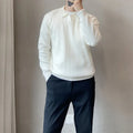 Men's loose striped lapel knitted sweater in modal and rabbit fur blend, shown in army green.