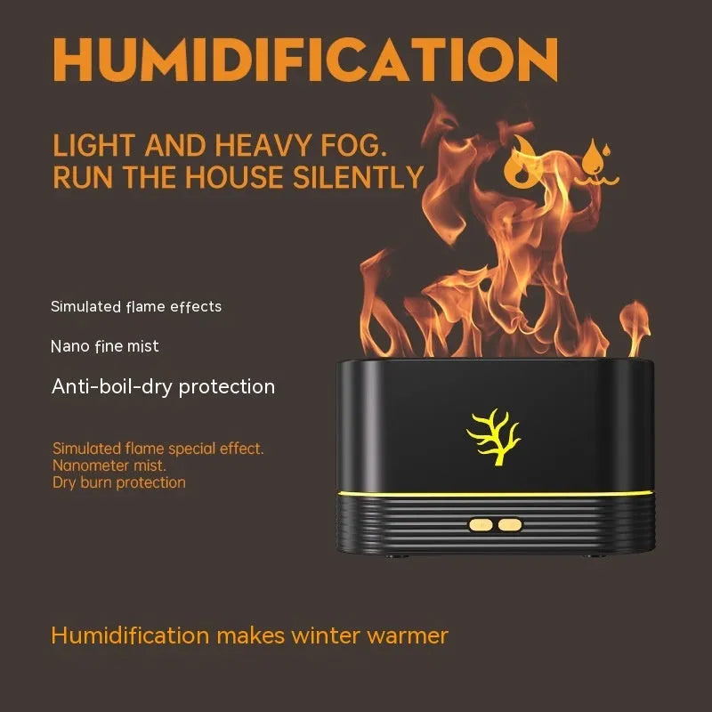 Black square USB aroma diffuser with LED flame light effect and mist output on a wooden table.