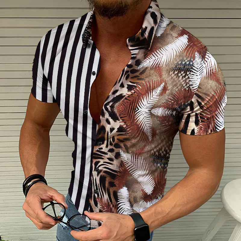 Men's summer beach print short sleeve shirt with lapel collar in polyester fibre, available in eight colours including coconut tree print