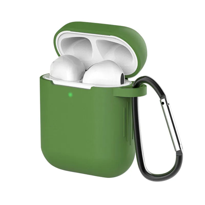 Liquid silicone clam-shell cover for Apple AirPods 1st and 2nd generation charging case.