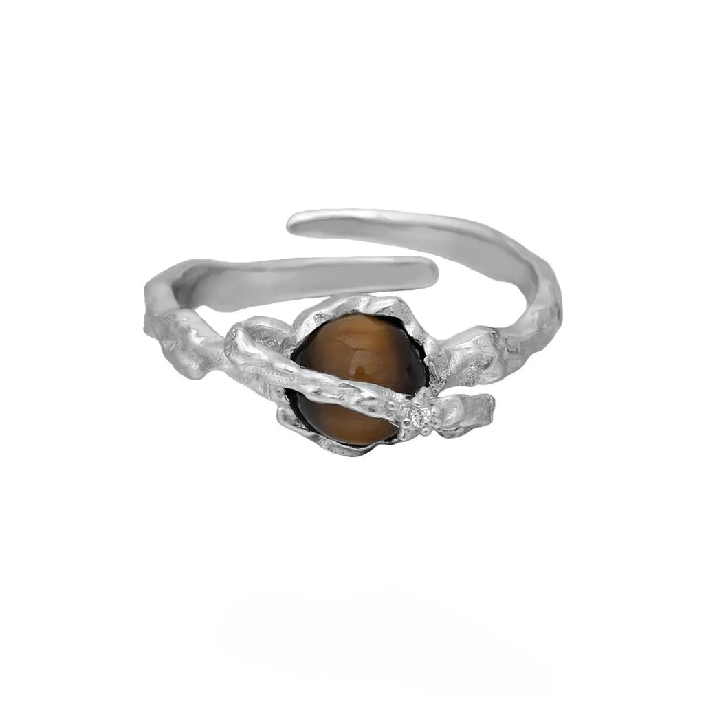 Saturn tigereye open ring for women with adjustable opening and white gold electroplated finish