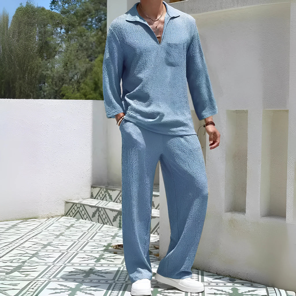 Men's casual shirt and trousers commuter suit set in lake blue, khaki, black, and caramel colours.