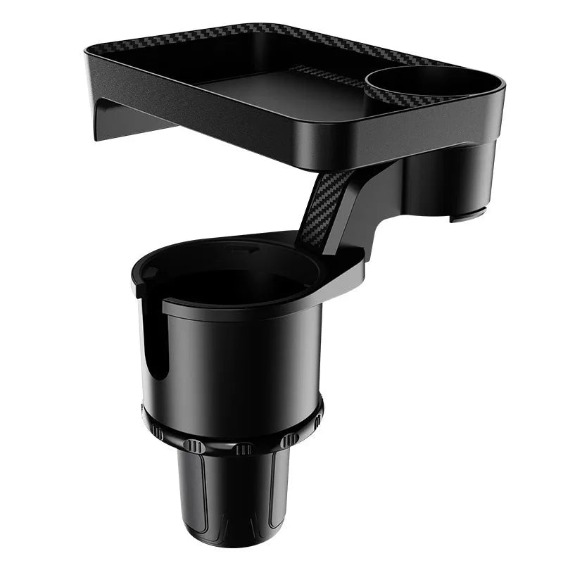 Black ABS plastic car cup holder with a 360-degree rotating base and an attached flat dinner plate.