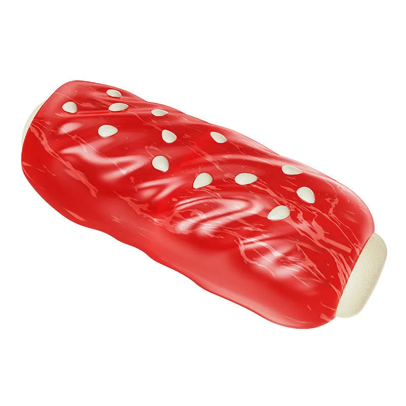Primary coloured plastic Molar Rod dog chew toy with textured surface and hollow treat-dispensing centre.