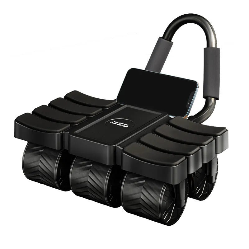 Six-wheel eight-elbow abdominal wheel with AI app in Knight Black, kneeling pad included, on a home gym floor