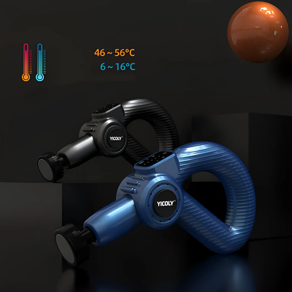 Black smart muscle massage gun with five different massage head attachments on a grey background.